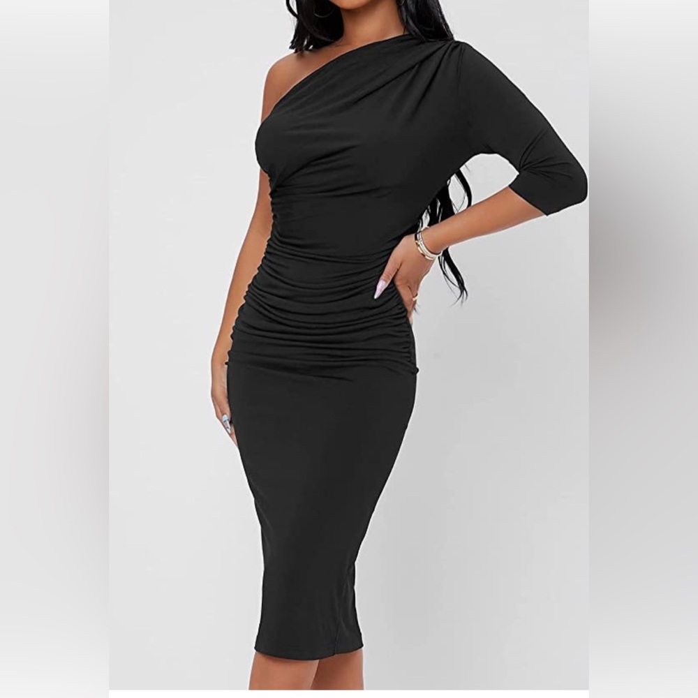 Women's Ruched One Shoulder Bodycon Midi Dress 3/4 Sleeve Pencil Dresses